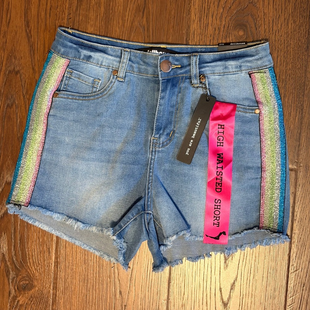 New Dollhouse Denim Shorts 27 Y2K Rainbow Glitter Stripe High Waisted Light Wash